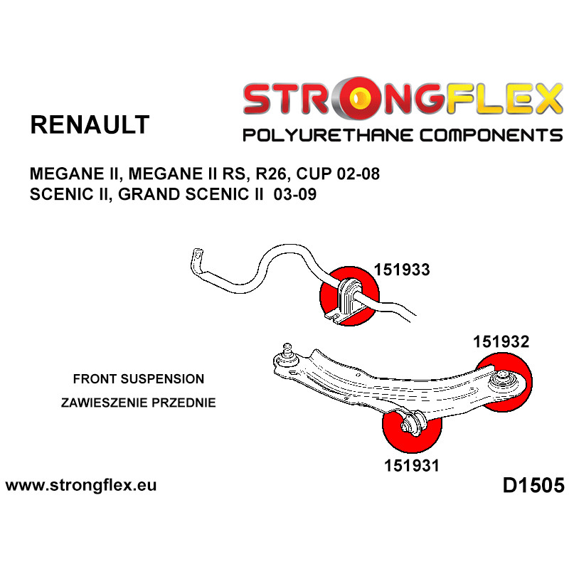 STRONGFLEX|156084A: Front suspension bush kit SPORT Renault Scenic II 03-09 Grand I Mégane 02-12 04-09 RS diagram scheme:D1505