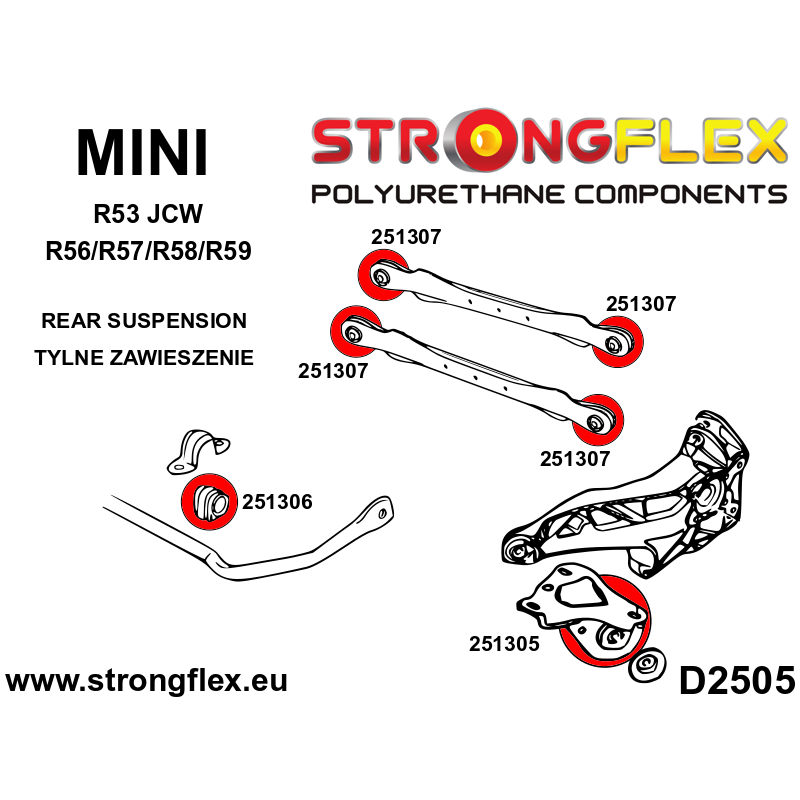 STRONGFLEX|251307A: Rear transverse arm bush SPORT Mini R50/R52/R53 00-06 R55/R56/R57/R58/R59 06-15 R60 diagram scheme:D2505