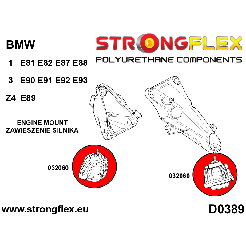 STRONGFLEX|032060B: Engine mount E90 BMW Seria 1 I 04-13 E81/E82 E87 E88 3 V E90 E91 E92 E93 rwd xi xd Z4 diagram scheme:D0389