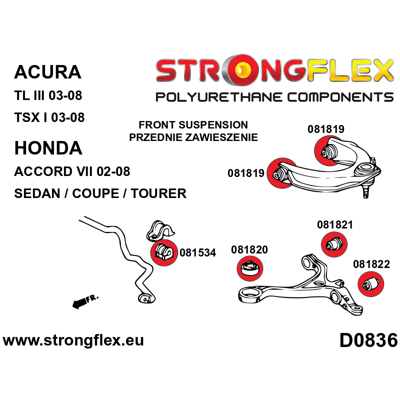 STRONGFLEX|086233B: Full suspension bush kit Acura TL III 03-08 UA6/UA7 TSX I CL9 Honda Accord VII 02-08 diagram scheme:D0836