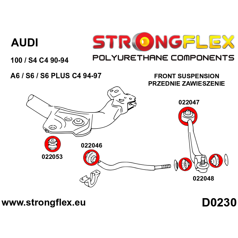 STRONGFLEX|022046A: Vordere Stabilisatorbuchse SPORT Audi A6/S6 RS6 C4 94-97 FWD 94-97 Quattro 100 S4 Diagramm Schema:D0230