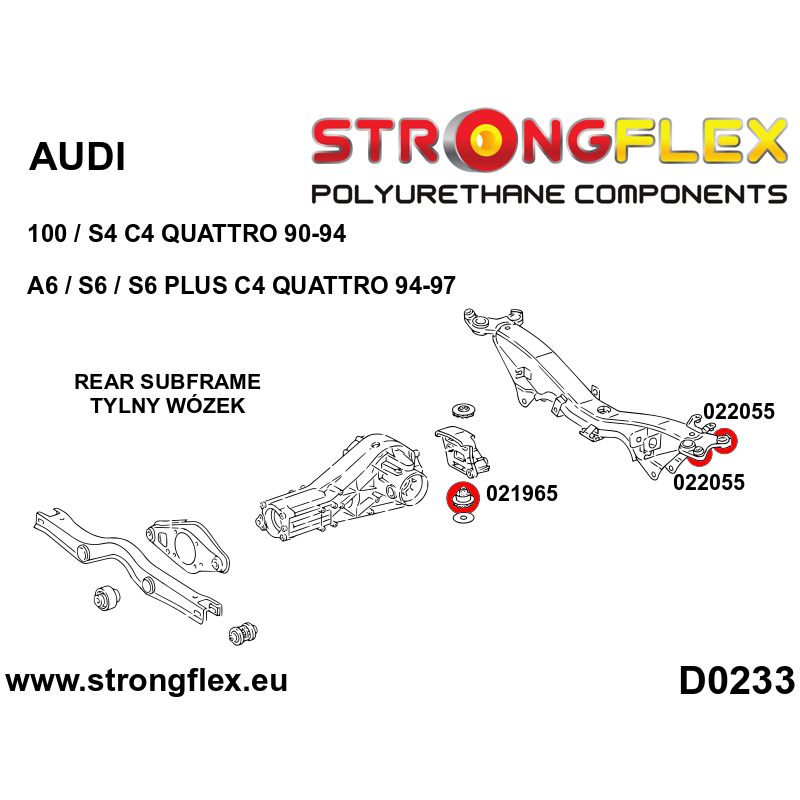 STRONGFLEX|022055A: Tuleja tylnego wózka SPORT Audi A6/S6 RS6 C4 94-97 Quattro 100 S4 90-94 Plus V8 D11 diagram schemat:D0233