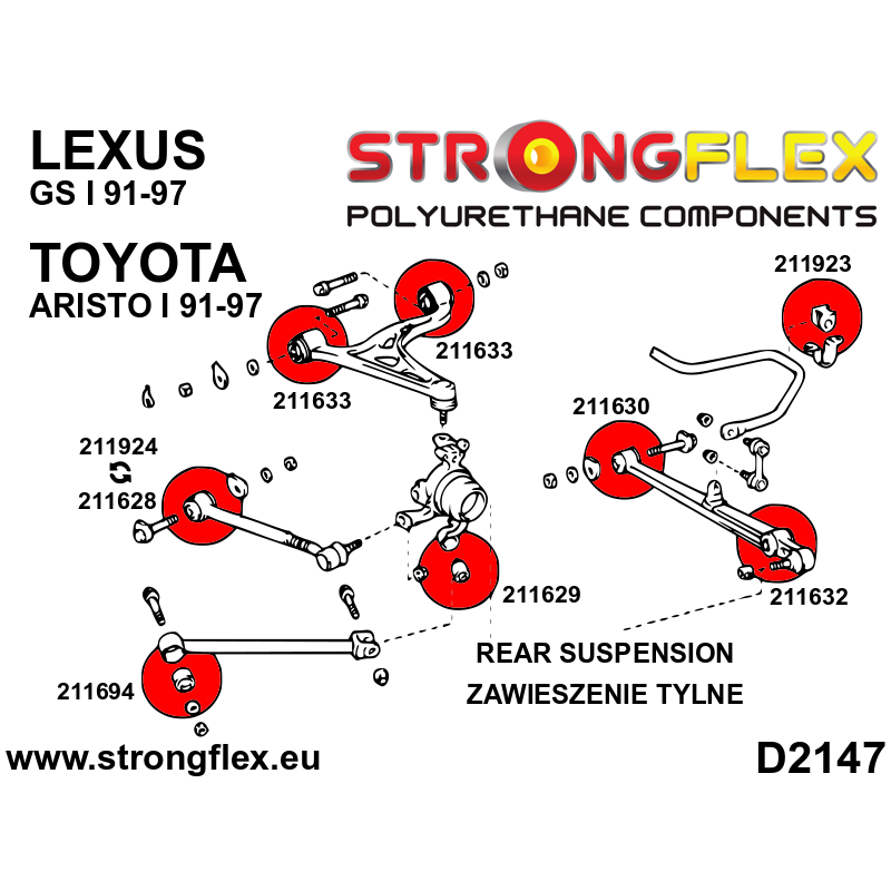 STRONGFLEX|211629A: Rear trailing arm rear bush SPORT Toyota Soarer III 91-00 Z30 Supra IV 93-02 A80 diagram scheme:D2147