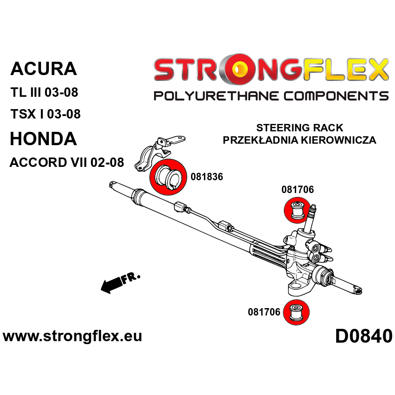 STRONGFLEX|081836A: Steering rack bush SPORT Acura TL III 03-08 UA6/UA7 TSX I CL9 Honda Accord VII 02-08 diagram scheme:D0840