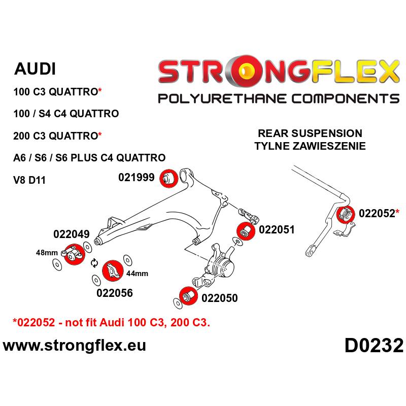 STRONGFLEX|022056A: Rear lower arm – front bush 44mm SPORT Audi V8 D11 89-94 100/S4 C3 82-91 Quattro 200 diagram scheme:D0232