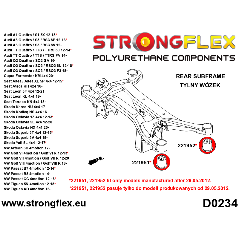 STRONGFLEX|221951B: Rear subframe – front bush 60mm Audi A3/S3 RS3 III 13-21 8V 15-21 Quattro A1 S1 I diagram scheme:D0234