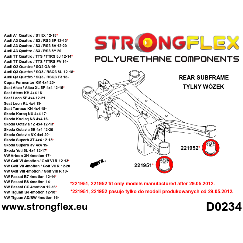 STRONGFLEX|221952A: Rear subframe – rear bush 52mm SPORT Audi A3/S3 RS3 III 13-21 8V 15-21 Quattro A1 S1 diagram scheme:D0234