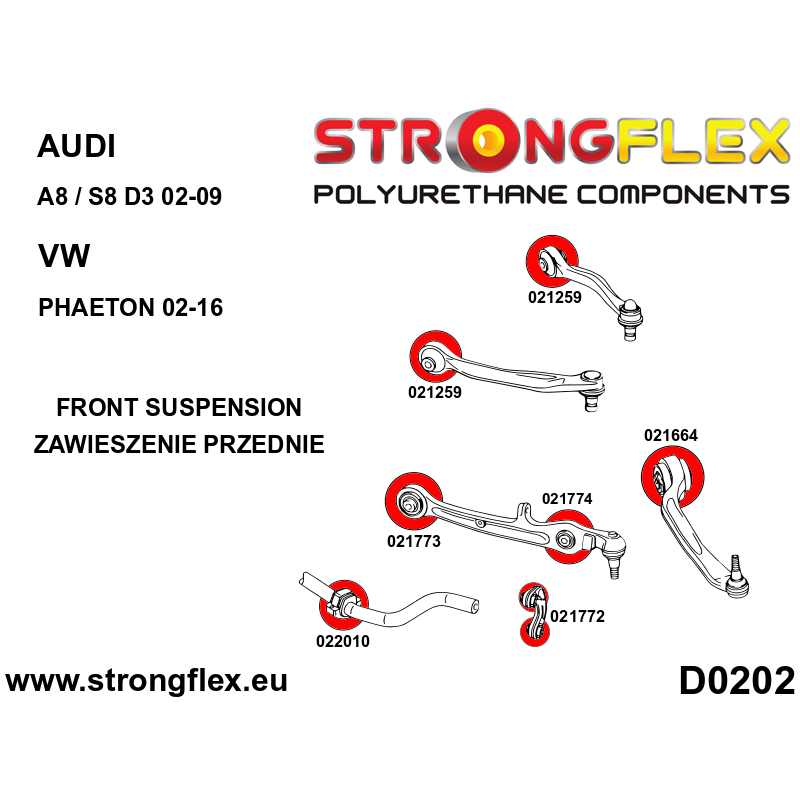 STRONGFLEX|026247A: Full suspension polyurethane bush kit SPORT Audi A8/S8 D3 02-09 Quattro Volkswagen diagram scheme:D0202