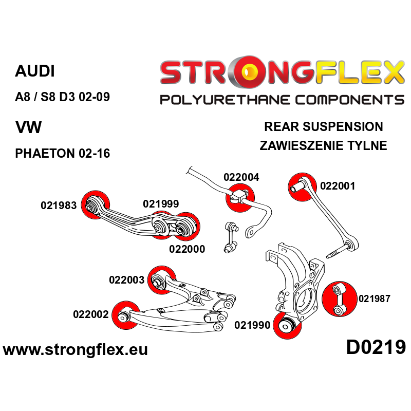 STRONGFLEX|026247B: Full suspension polyurethane bush kit Audi A8/S8 D3 02-09 Quattro Volkswagen Phaeton I diagram scheme:D0219