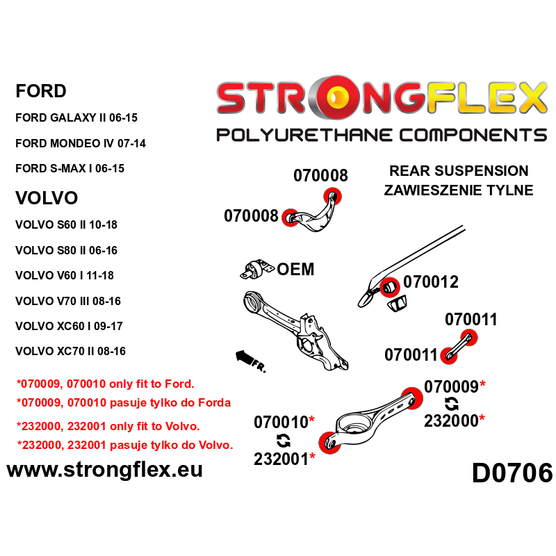 STRONGFLEX|070008A: Rear upper arm bush SPORT Ford Mondeo MK IV 07-14 S-Max I 06-14 Galaxy II 06-15 Volvo diagram scheme:D0706