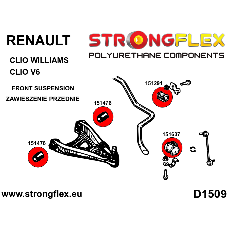 STRONGFLEX|156080A: Front suspension bush kit SPORT Renault Clio I 90-01 Williams 94-95 II 98-10 V6 diagram scheme:D1509