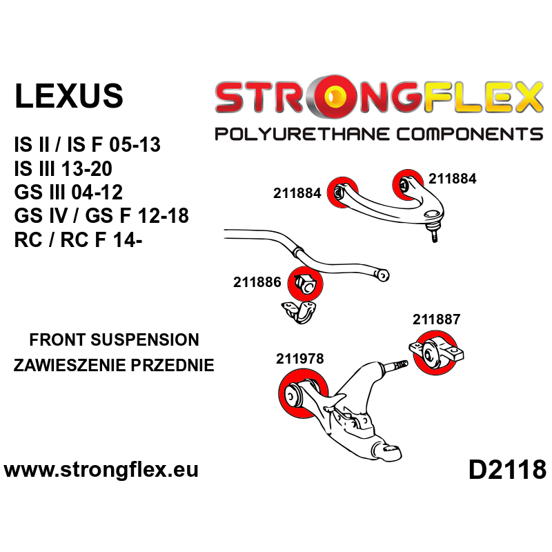 STRONGFLEX|216235A: Full suspension polyurethane bush kit SPORT Lexus GS/F III 05-11 S190 IS II 05-13 XE20 diagram scheme:D2118