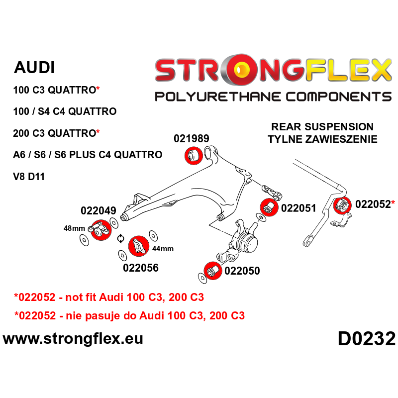 STRONGFLEX|022052A: Rear anti roll bar bush SPORT Audi A6/S6 RS6 C4 94-97 Quattro 100 S4 90-94 Plus V8 D11 diagram scheme:D0232