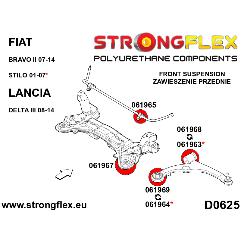 STRONGFLEX|061968A: Tuleja wahacza przedniego – przednia SPORT Fiat Bravo II 07-14 Lancia Delta III diagram schemat:D0625