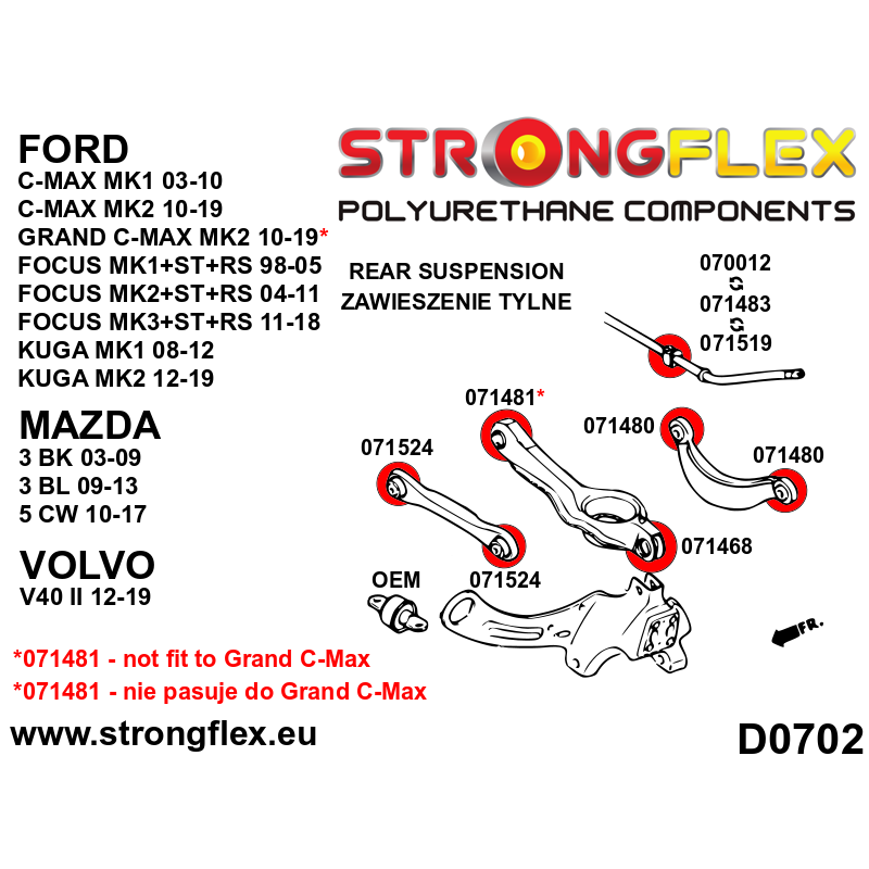 STRONGFLEX|071483A: Anti roll bar bush SPORT Ford Focus MK2 04-11 ST MK3 11-18 12-18 Mazda 3/Axela I 03-09 diagram scheme:D0702