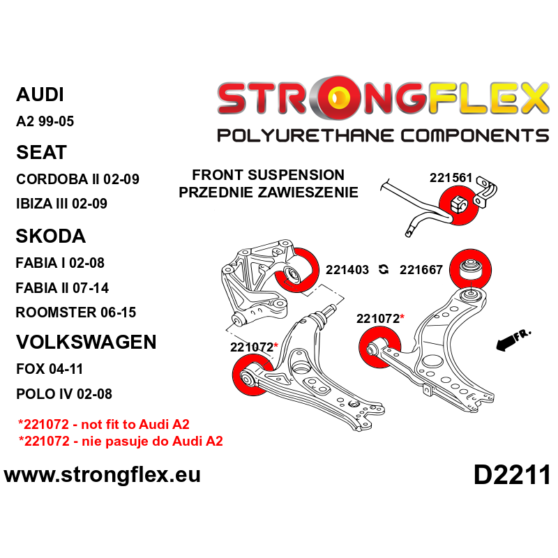 STRONGFLEX|226223A: Front suspension bush kit SPORT Seat Ibiza III 02-08 6L Škoda Roomster 5J 06-15 Fabia diagram scheme:D2211