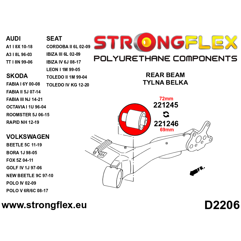 STRONGFLEX|221245A: Heckbalkenbuchse 72mm SPORT Audi A3/S3 RS3 I 96-03 8L FWD TT TTS TTRS 8N 99-06 A1 S1 Diagramm Schema:D2206