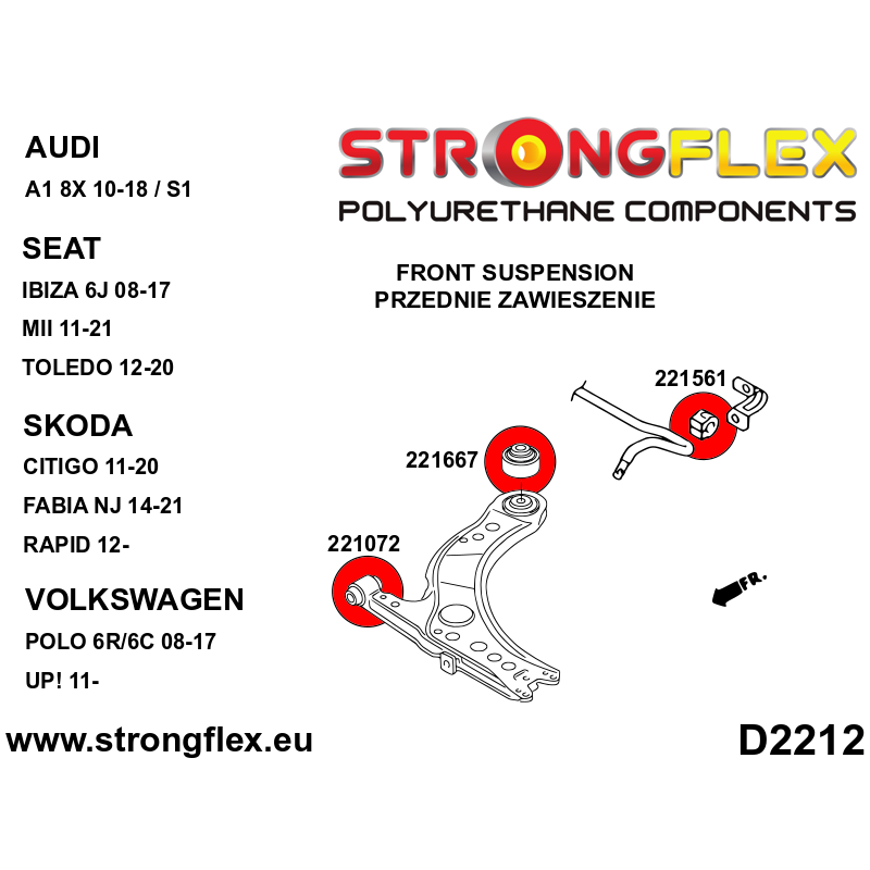 STRONGFLEX|226160A: Polyurethan Buchsensatz Vorderachse SPORT Audi A1/S1 I 10-18 8X FWD Quattro Seat Diagramm Schema:D2212