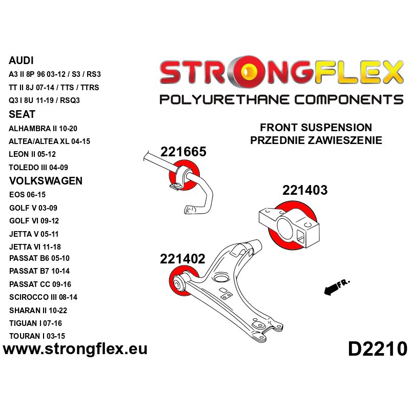 STRONGFLEX|221665A: Front anti roll bar bush SPORT Audi A3/S3 RS3 II 03-13 8P FWD 06-13 Quattro 11-13 Seat diagram scheme:D2210