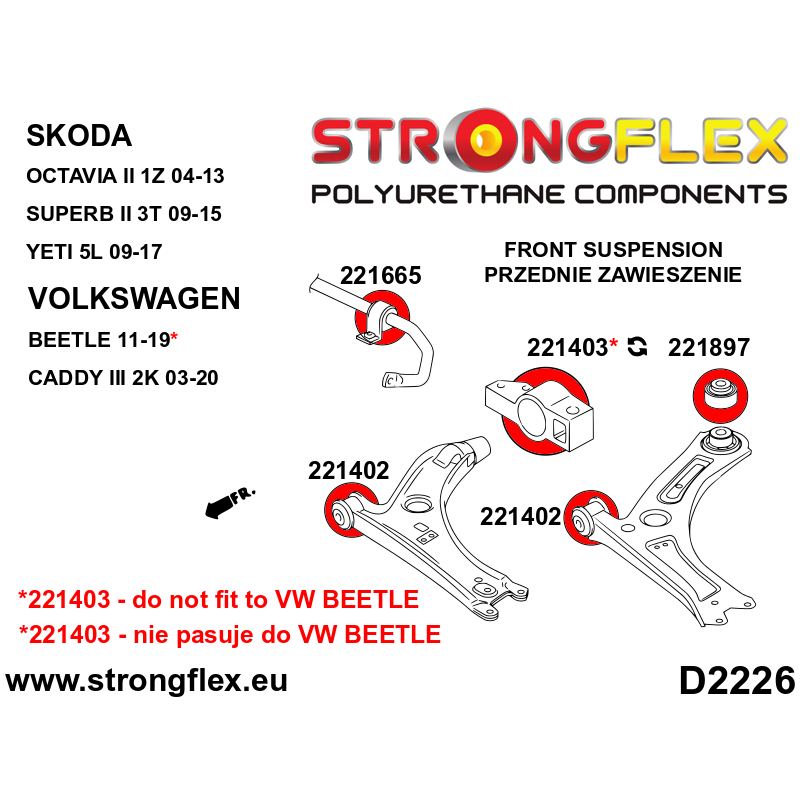 STRONGFLEX|226167A: Front suspension bush kit SPORT Audi A3/S3 RS3 II 03-13 8P FWD 06-13 Quattro 11-13 diagram scheme:D2226