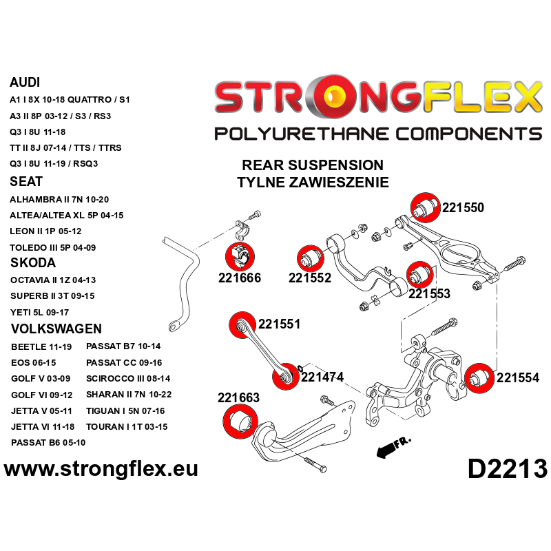 STRONGFLEX|226168A: Rear suspension bush kit SPORT Audi A3/S3 RS3 II 03-13 8P FWD 06-13 Quattro 11-13 A1 diagram scheme:D2213