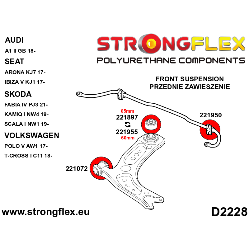 STRONGFLEX|221072A: Front wishbone - front bush 30mm SPORT Audi A3/S3 RS3 I 96-03 8L FWD 99-03 Quattro TT diagram scheme:D2228