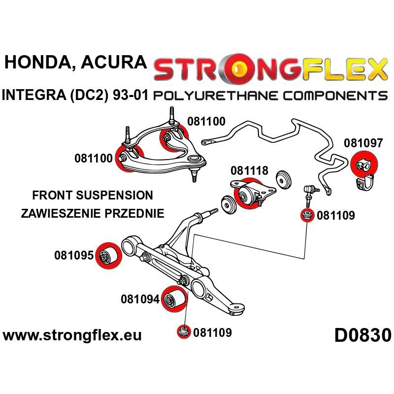 STRONGFLEX|081109A: Front eye bolt mounting bush SPORT Acura Integra III 93-01 DB6/7/8/9/DC1/2/4 DC1/4 diagram scheme:D0830