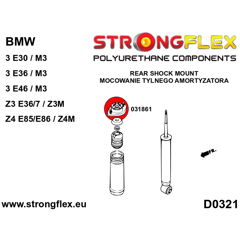 STRONGFLEX|031861A: Mocowanie tylnego amortyzatora SPORT BMW Seria 3 II 82-91 E30 III 90-99 E36 93-00 diagram schemat:D0321