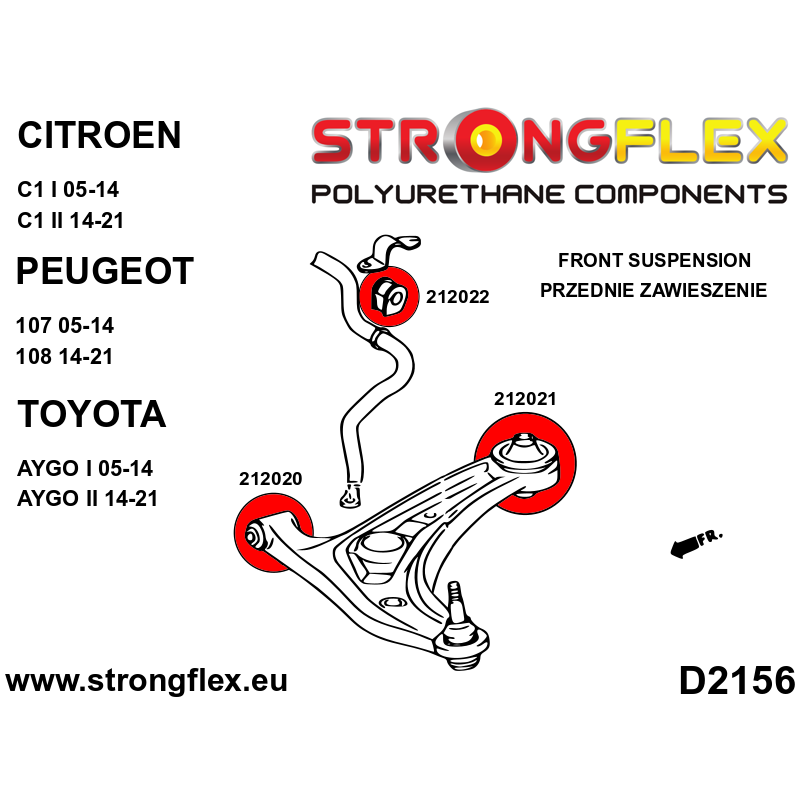 STRONGFLEX|212022B: Front anti roll bar bush Citroën C1 I 05-14 II 14-21 Peugeot 107 108 Toyota Aygo diagram scheme:D2156