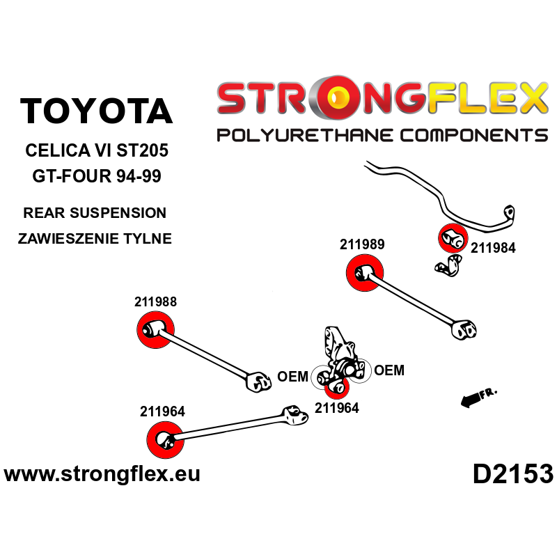 STRONGFLEX|211964A: Rear trailing arm bush SPORT Toyota Celica VI 93-99 T200 ST202 ST204 FWD ST205 GT-Four diagram scheme:D2153