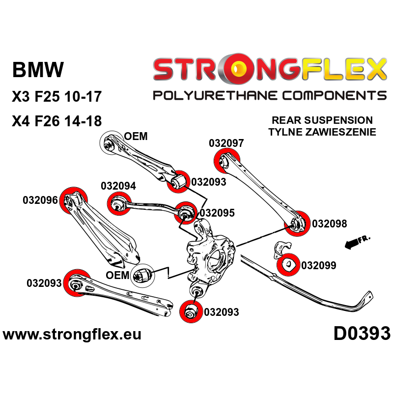 STRONGFLEX|036100A: Full suspension polyurethane bush kit SPORT BMW X3 II 10-17 F25 X4 I 14-18 diagram scheme:D0393