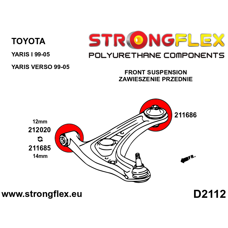 STRONGFLEX|212020A: Front control arm – front bush 12mm SPORT Toyota MR2 III 99-07 W30 Yaris I 99-05 P1 diagram scheme:D2112