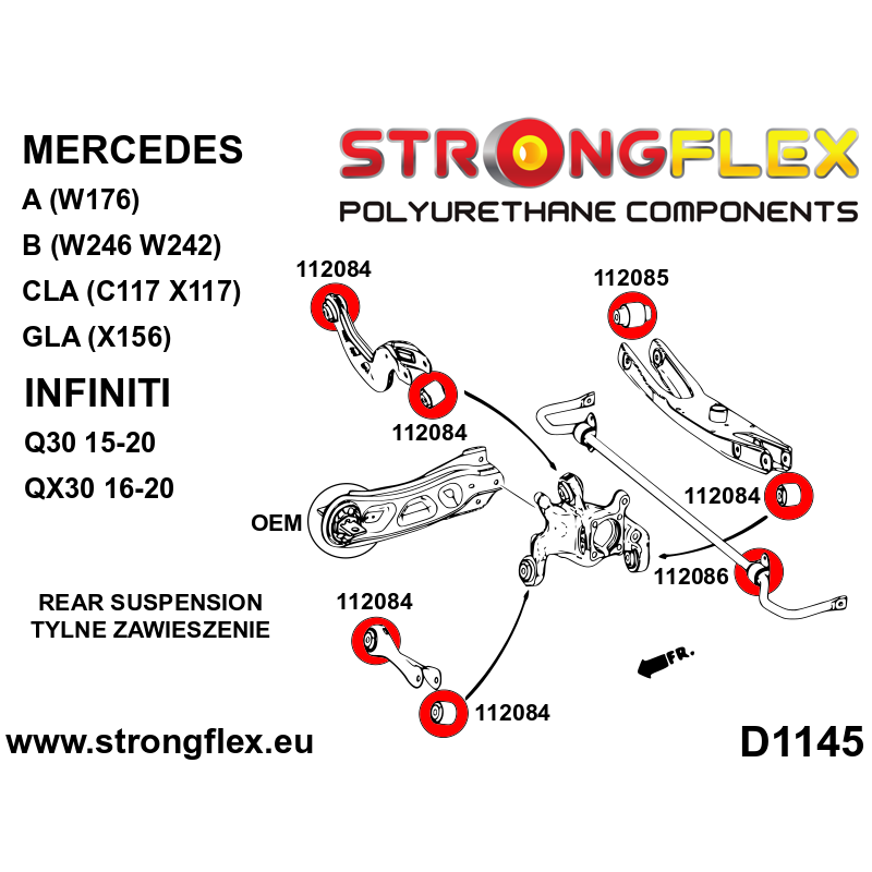 STRONGFLEX|112085A: Tuleja wahacza tylnego SPORT Mercedes Klasa A III 12-17 W176 4MATIC A45 AMG FWD B II diagram schemat:D1145