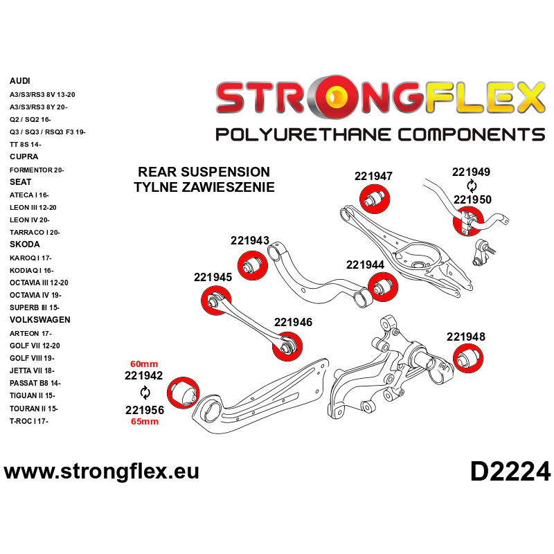 STRONGFLEX|026275A: Komplettes Fahrwerk Buchsen-Kit SPORT Audi A3/S3 RS3 III 13-21 8V 15-21 Quattro IV Diagramm Schema:D2224