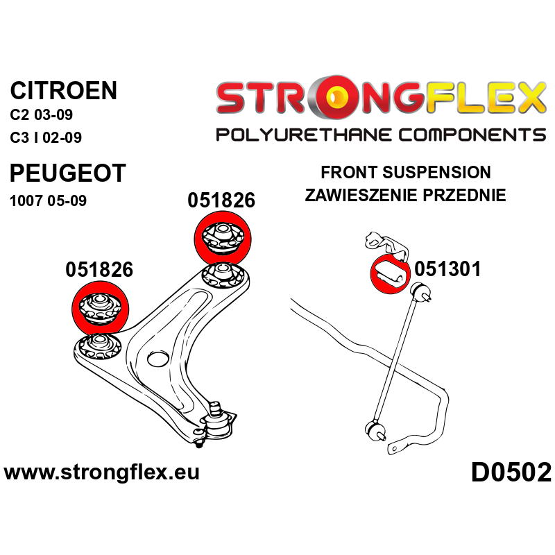 STRONGFLEX|051826B: Front lower arm bush 55mm Citroën C2 03-09 C3 I 02-12 FC/FN II 09-16 SC Peugeot 1007 diagram scheme:D0502