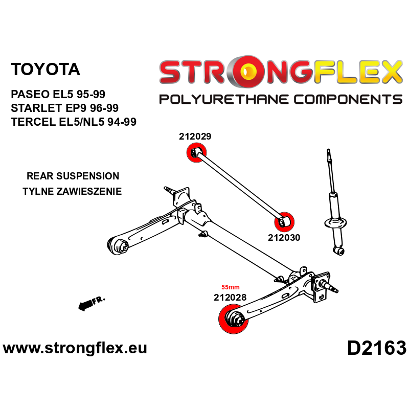 STRONGFLEX|212028B: Hinterstrahl-Montagebuchse 55mm Toyota Sera 90-95 EXY1 Starlet EP91/Glanza V 96-99 Diagramm Schema:D2163