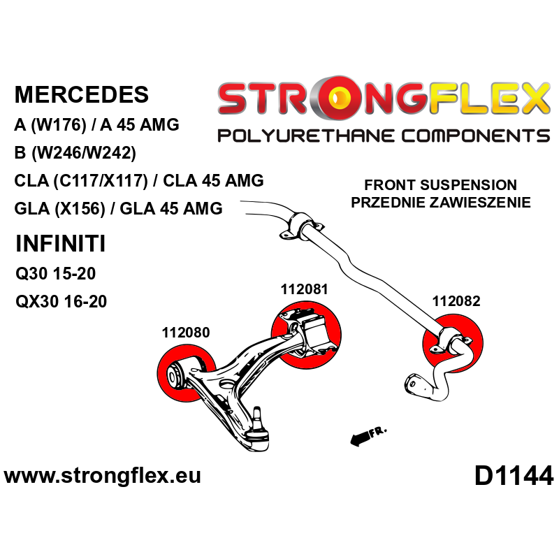 STRONGFLEX|116280A: Vorderachsbuchsen Satz SPORT Mercedes Klasse A III 12-17 W176 4MATIC A45 AMG FWD B II Diagramm Schema:D1144