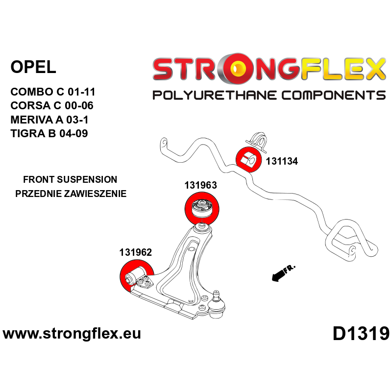 STRONGFLEX|131962A: Tuleja wahacza przedniego – przednia SPORT Opel/Vauxhall Corsa Nova Vita C 00-06 diagram schemat:D1319