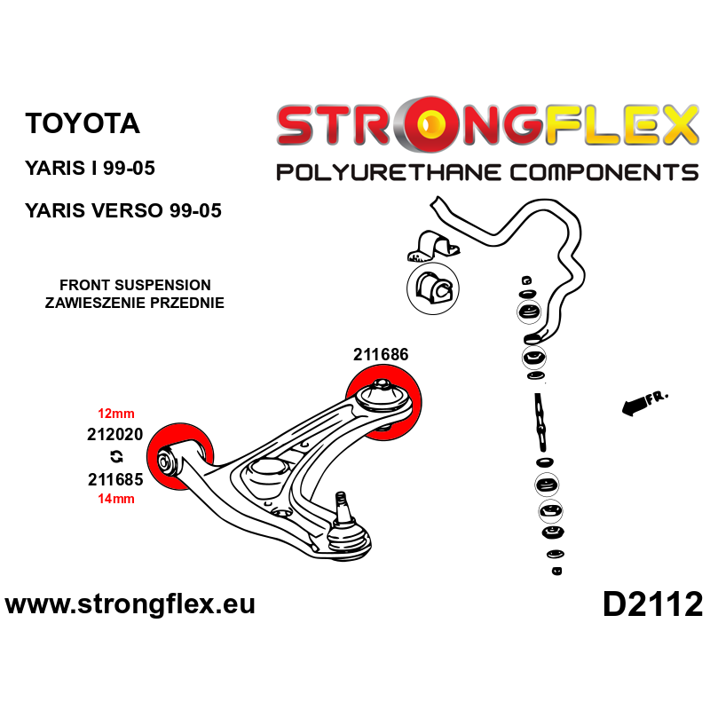 STRONGFLEX|211685A: Front wishbone - front bush 14mm SPORT Toyota Yaris I 99-05 P1 Verso P2 Subaru Trezia diagram scheme:D2112