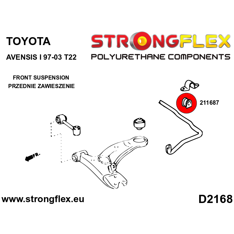 STRONGFLEX|211687A: Tuleja stabilizatora przedniego/tylnego SPORT Toyota MR2 III 99-07 W30 Avensis I 97-03 diagram schemat:D2168