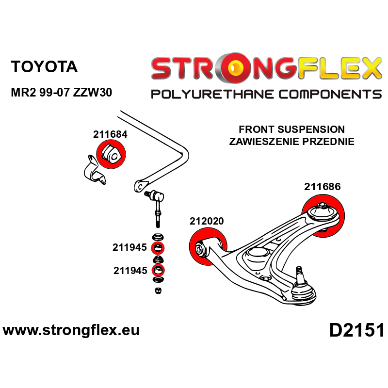 STRONGFLEX|211945A: Front and rear anti roll bar link bush SPORT Toyota MR2 III 99-07 W30 Corolla V 83-90 diagram scheme:D2151