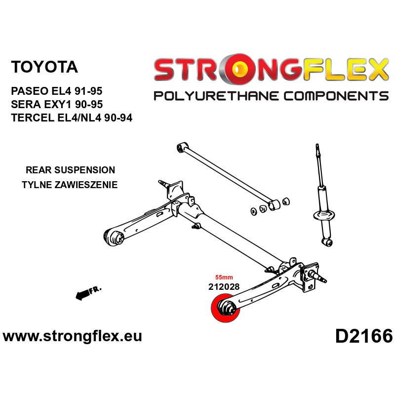 STRONGFLEX|212028A: Hinterstrahl-Montagebuchse 55mm SPORT Toyota Sera 90-95 EXY1 Starlet EP91/Glanza V Diagramm Schema:D2166