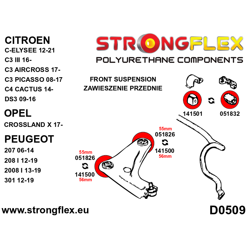 STRONGFLEX|051832A: Front anti roll bar bush SPORT Citroën C3 III 16- DS3 09-16 Peugeot 2008 I 13-19 208 diagram scheme:D0509