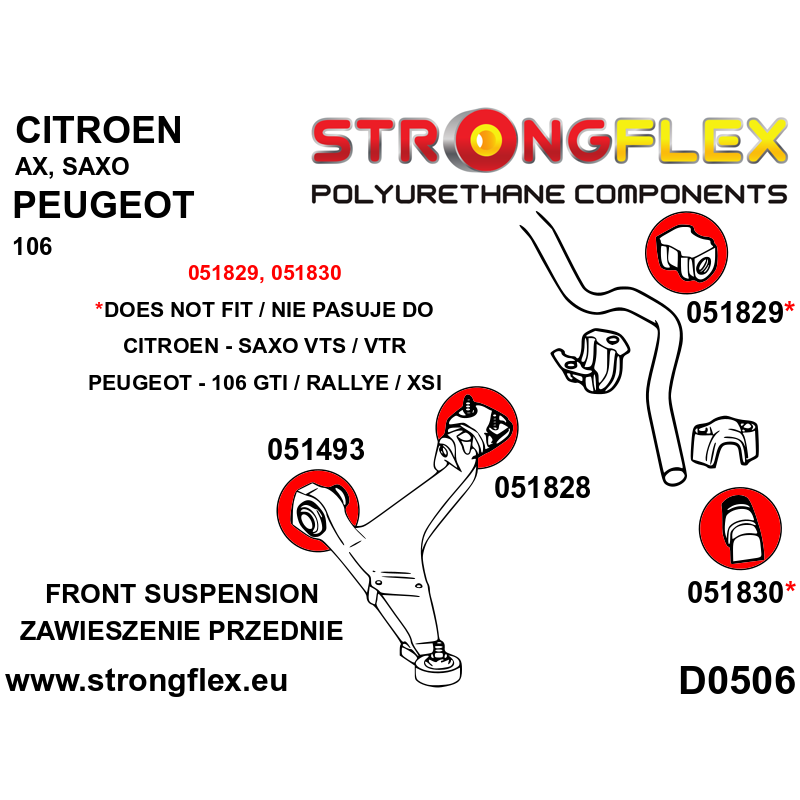 STRONGFLEX|051828A: Tuleja wahacza przedniego - tylna SPORT Citroën AX 86-98 Saxo/Chanson 97-99 VTS VTR diagram schemat:D0506