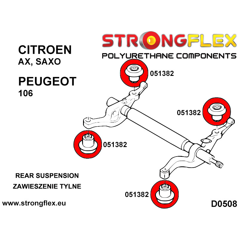 STRONGFLEX|056004A: Komplettes Fahrwerk Buchsen-Kit SPORT Citroën AX 86-98 Saxo/Chanson 96-04 Peugeot 106 Diagramm Schema:D0508