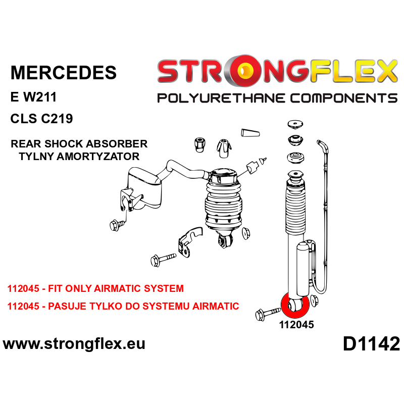 STRONGFLEX|112045A: Buchse des hinteren Stoßdämpfers SPORT Mercedes Klasse E W211 02-09 RWD 4MATIC CLS Diagramm Schema:D1142