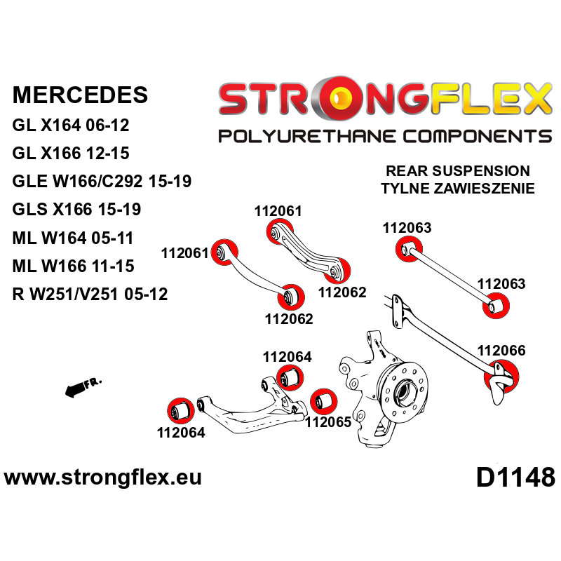 STRONGFLEX|112061A: Rear lower arm bush SPORT Mercedes Class R 05-12 W251/V251 GL X166 12-15 X164 06-12 diagram scheme:D1148