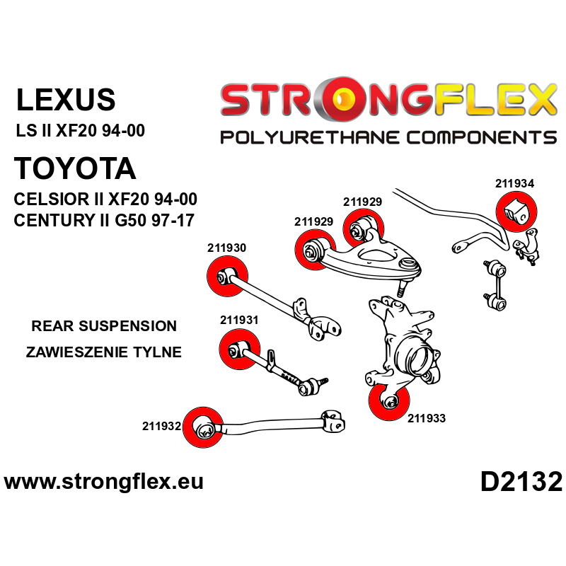 STRONGFLEX|216250A: Full suspension bush kit SPORT Lexus LS II 94-00 XF20 Toyota Century G50 97-17 diagram scheme:D2132