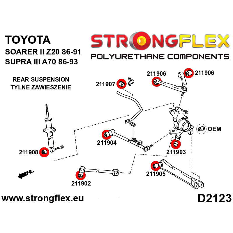 STRONGFLEX|211902A: Hintere Längslenkerbuchse - vorne SPORT Toyota Supra III 86-93 A70 Soarer II 86-91 Diagramm Schema:D2123