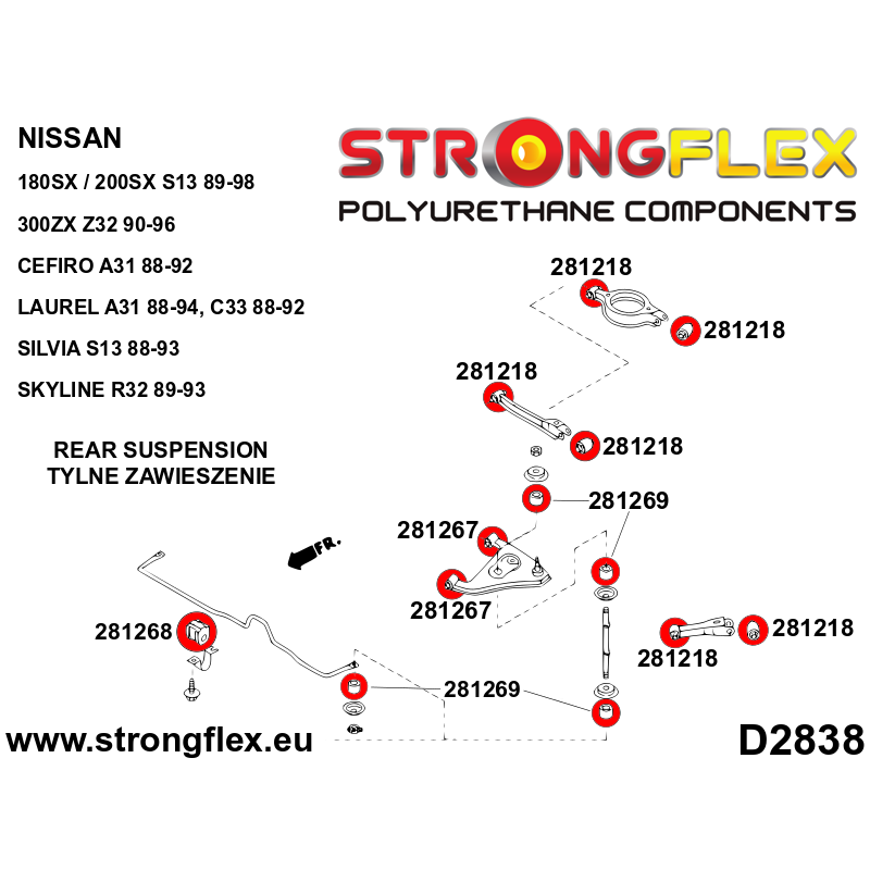 STRONGFLEX|286216A: Full suspension bush kit R32 AWD SPORT Nissan Skyline VIII 89-94 R32 AWD Cefiro 88-92 diagram scheme:D2838